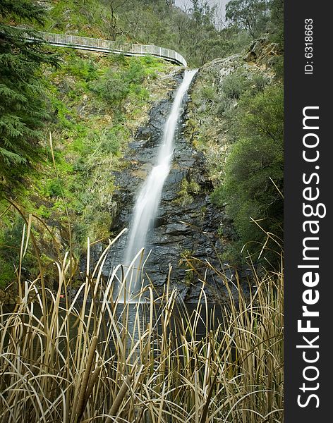 Waterfall with reeds in foreground and walking path going over top