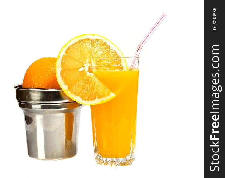 Glass of orange juice on the white background