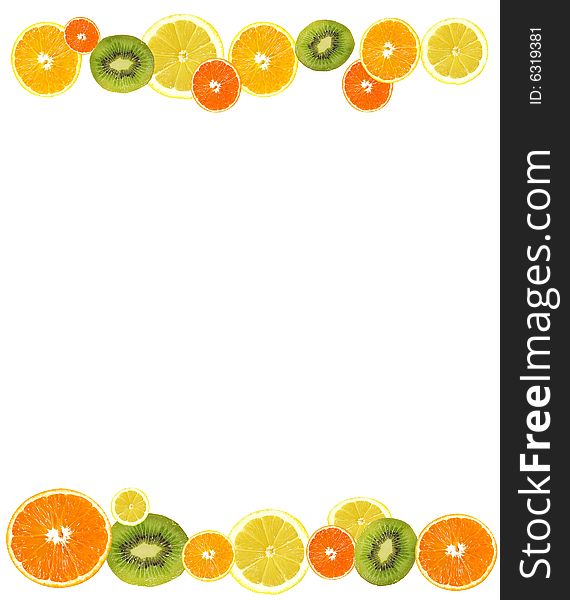 A slices of fresh orange, lemon and kiwi background. A slices of fresh orange, lemon and kiwi background