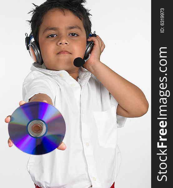 Boy holding cd with headphone