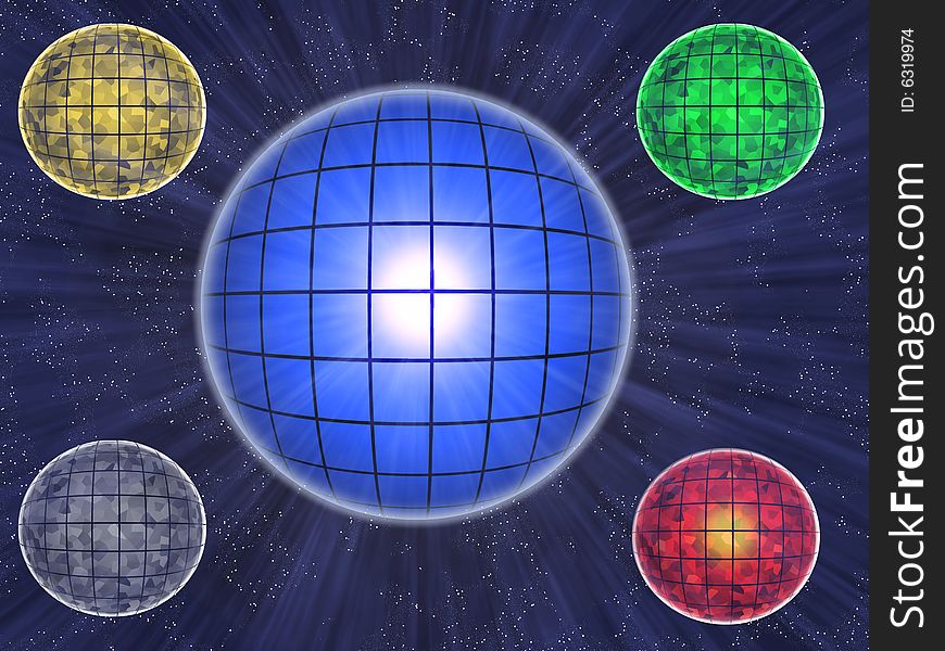 Five colour transparent luminous balls on background starry space. Five colour transparent luminous balls on background starry space