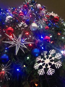 Decorations And Lights On A Christmas Tree In Bryant Park. Royalty Free Stock Photography
