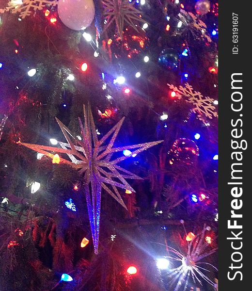 Decorations And Lights On A Christmas Tree In Bryant Park.