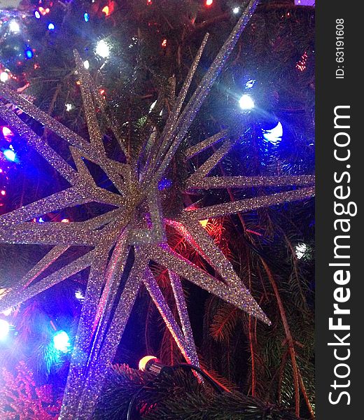 Decorations and Lights on a Christmas Tree in Bryant Park.