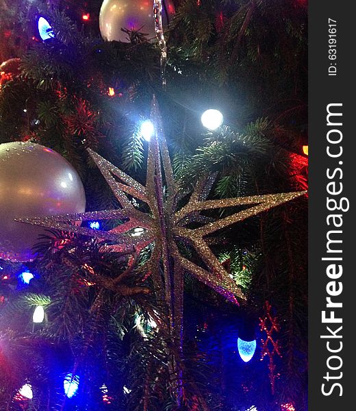 Decorations and Lights on a Christmas Tree in Bryant Park.