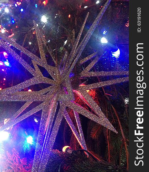 Decorations And Lights On A Christmas Tree In Bryant Park.