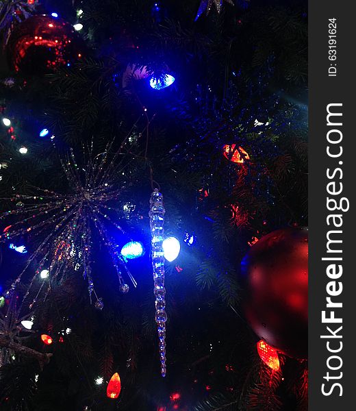 Decorations and Lights on a Christmas Tree in Bryant Park.