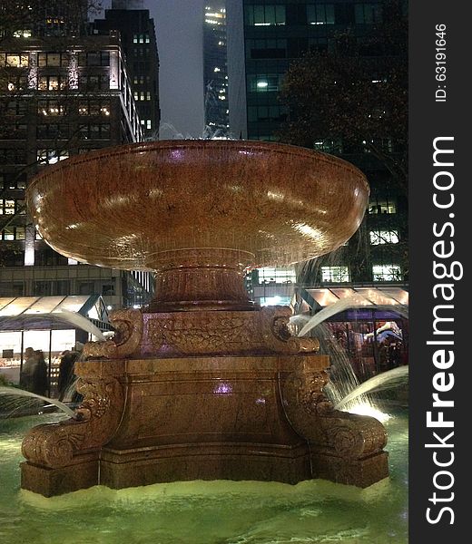 Fountain at Bryant Park in the Evening.