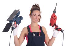 Beauty Woman With Auger And Sander Stock Image Beauty Woman With Auger And Sander Stock Image