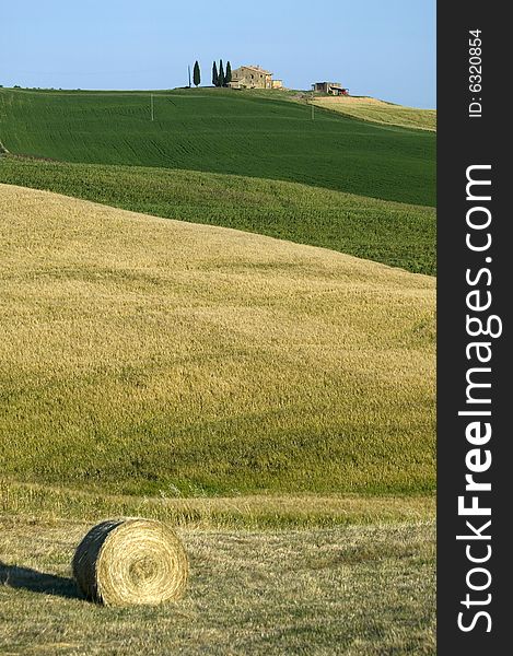Tuscan countryside with farms and hay-ball. Tuscan countryside with farms and hay-ball