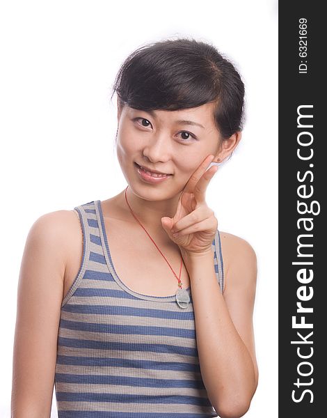 Cute slim girl pose gestures with her hand. Cute slim girl pose gestures with her hand