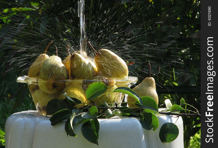 Pears Under Water Stream