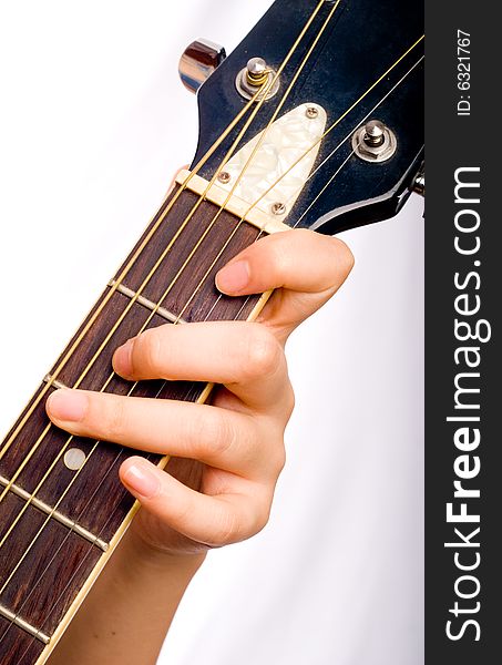 Female hand with classical antique wooden guitar. Female hand with classical antique wooden guitar