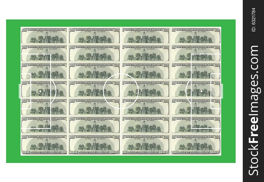 The football field is covered by dollar banknotes. The football field is covered by dollar banknotes