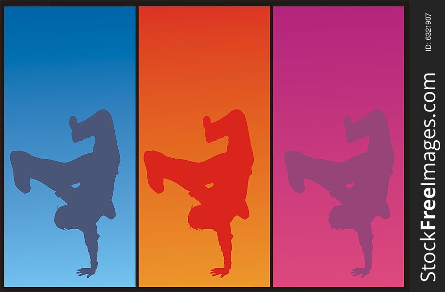 Three pop-art silhouettes of break dancers. Three pop-art silhouettes of break dancers