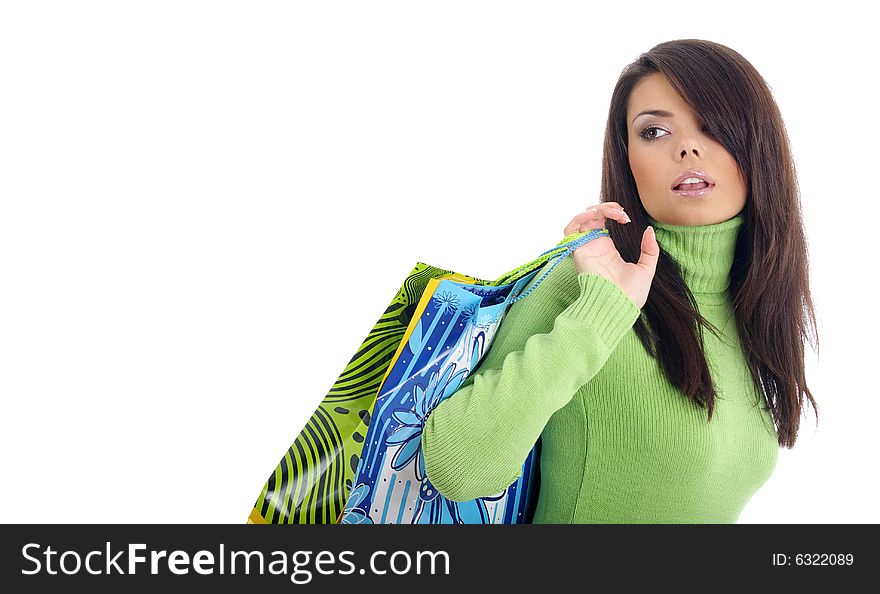 Beautiful woman with shopping bag, shopper isolated on white background. Beautiful woman with shopping bag, shopper isolated on white background