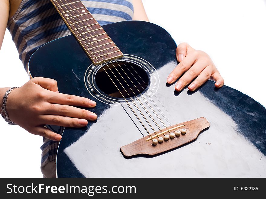 Female hands with antique wooden guitar isolated. Female hands with antique wooden guitar isolated