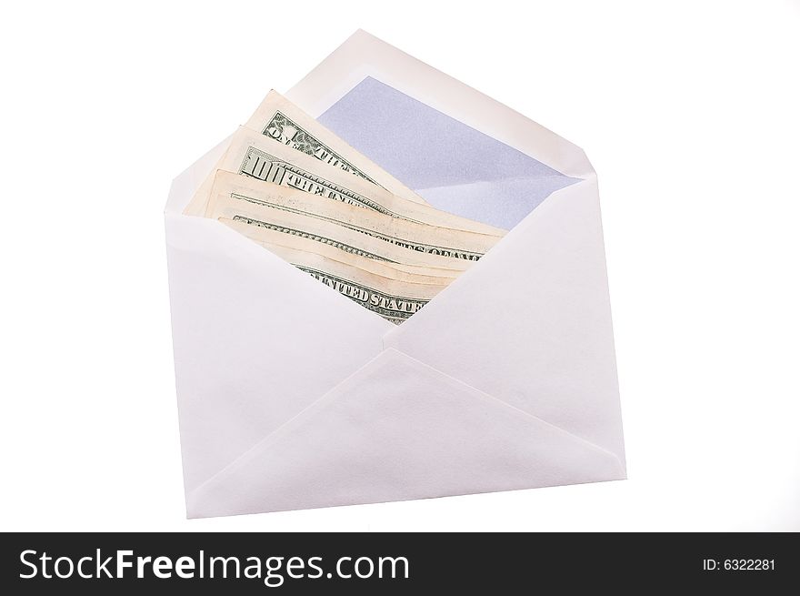 American dollars in an envelope on white. American dollars in an envelope on white