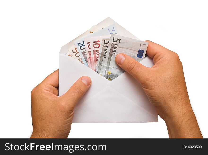 Human hands is counting money in an envelope on white. Human hands is counting money in an envelope on white