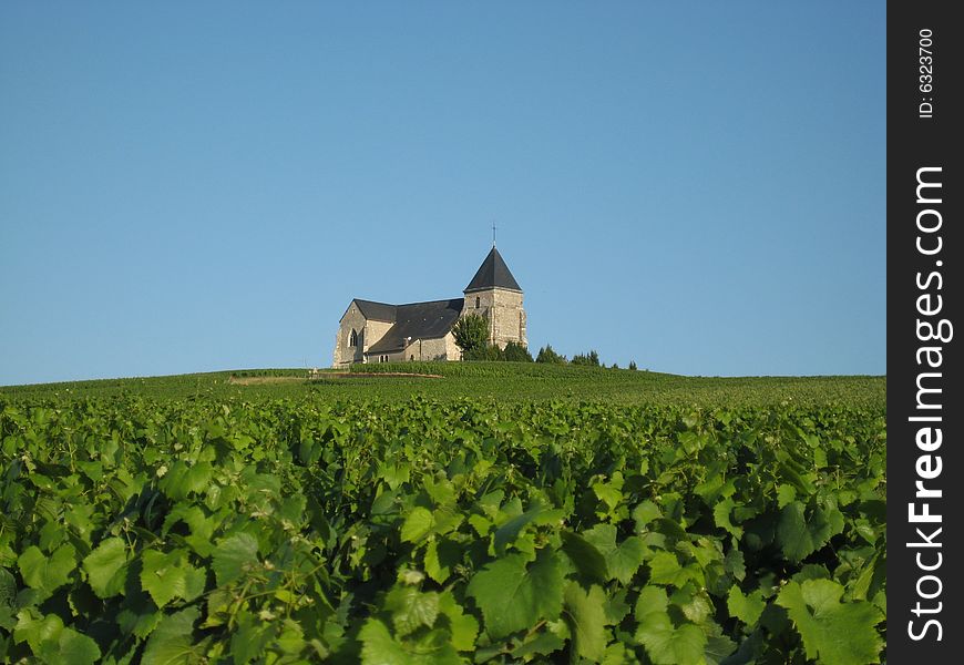 A church among the vineyards in the French countryside. A church among the vineyards in the French countryside