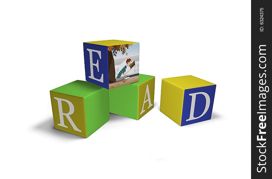 Children's blocks that spell the word READ and have an illustration of a boy reading on the top block. Children's blocks that spell the word READ and have an illustration of a boy reading on the top block.