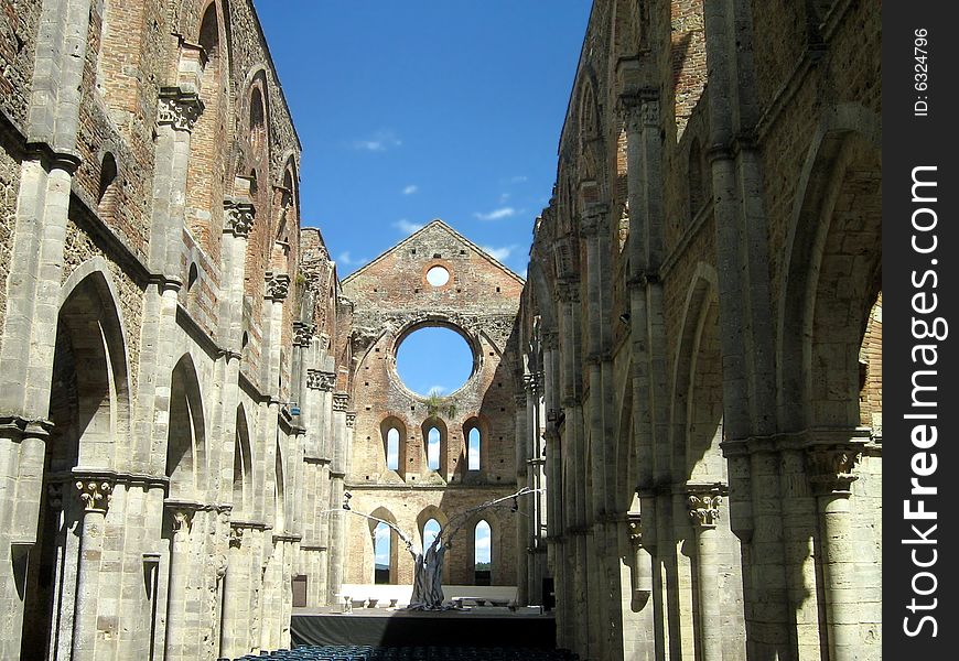 A glimpse of the indoor vaults of the uncover abbey of San Galgano in Tuscany