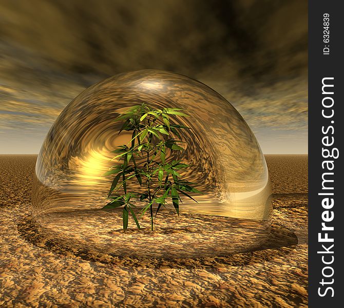 Plant under a glass dome in desert. Plant under a glass dome in desert