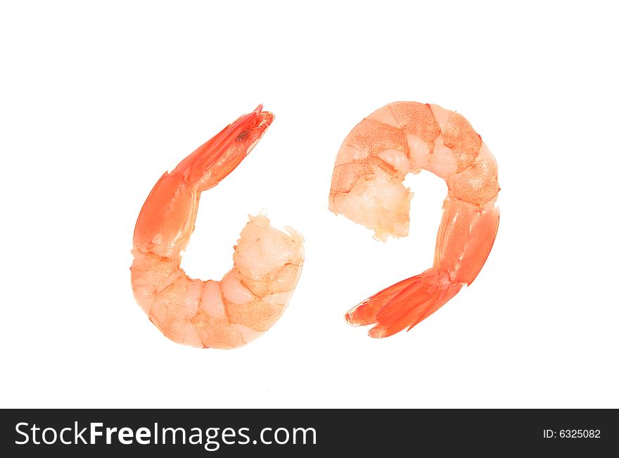 Two cooked fantail prawns isolated on white. Two cooked fantail prawns isolated on white