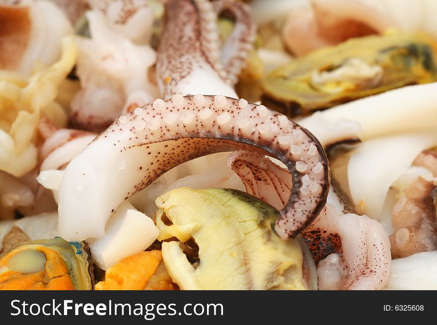 Close-up of seafood, octopus, mussels, squid...