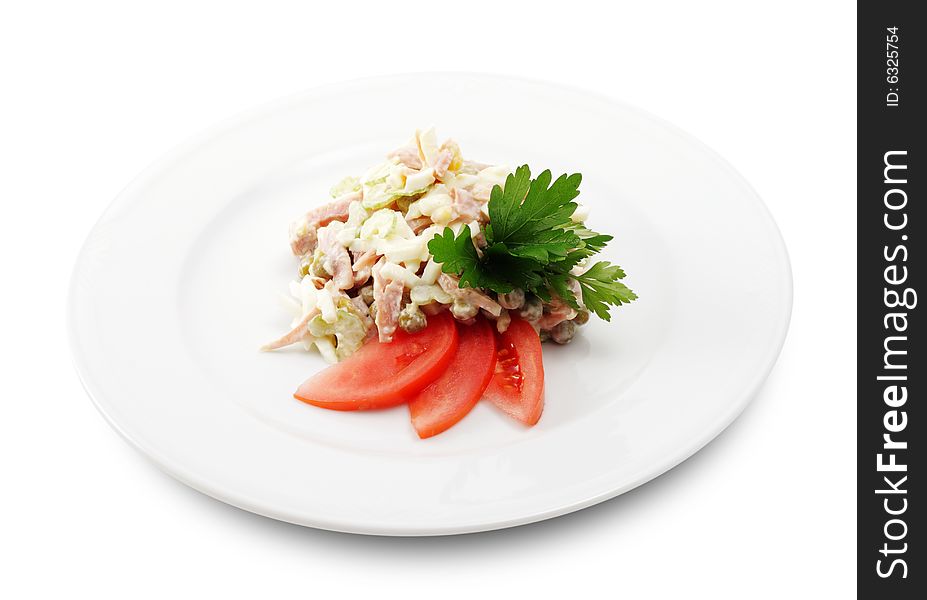 Salad Comprises Smoked Chicken and Celery Dressed with Parsley and Tomato Slice. Isolated on White Background. Salad Comprises Smoked Chicken and Celery Dressed with Parsley and Tomato Slice. Isolated on White Background