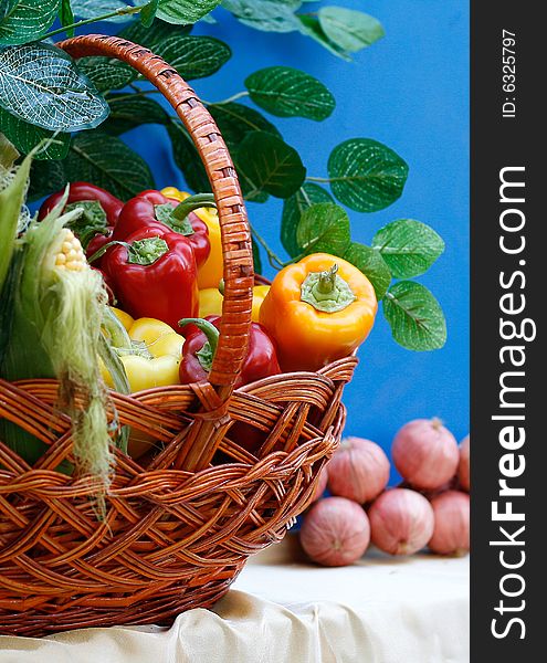 Basket with  fresh and ripe vegetables placed on the table. Basket with  fresh and ripe vegetables placed on the table