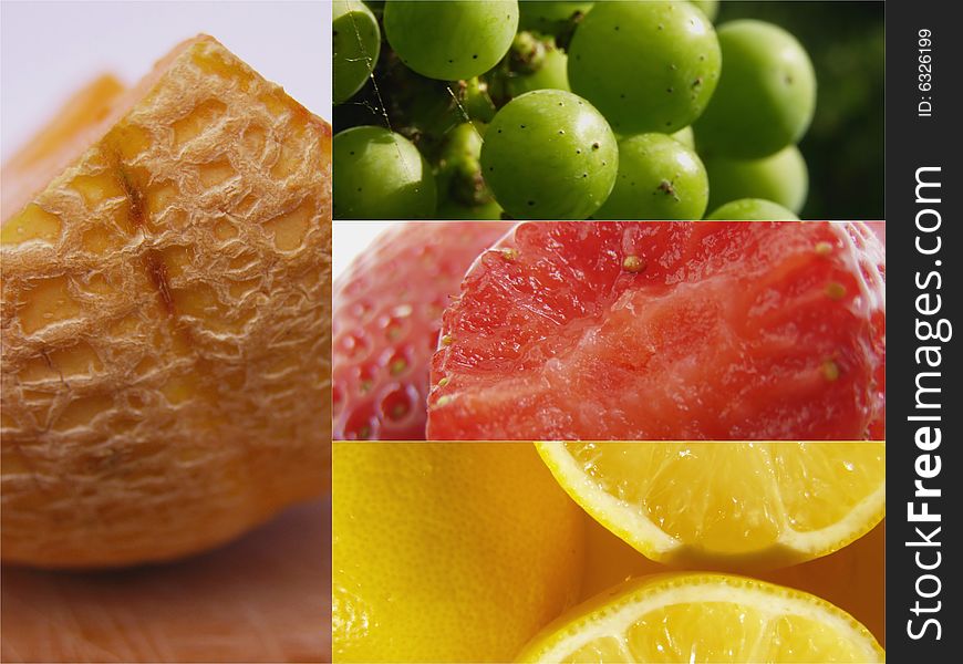Fruit collage: 4 macro images of fruit isolated (melon, green grapes, strawberries and lemons)
