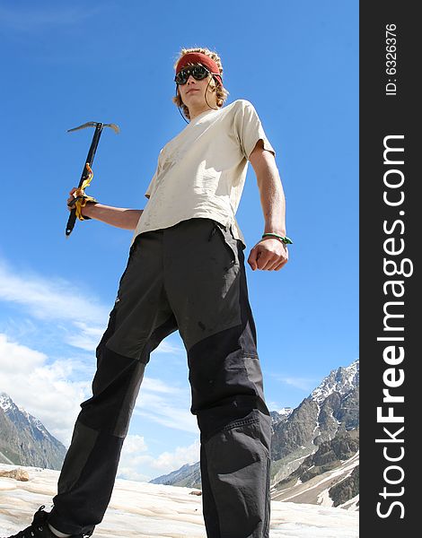 Hiker in Caucasus mountains, Bezengy