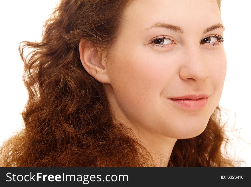 Pretty young smiling woman on white background