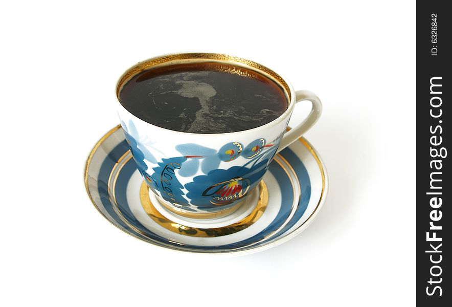 Blue cup of black coffee isolated on the white. Blue cup of black coffee isolated on the white