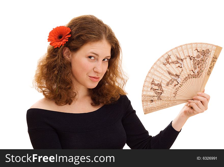 Young beautiful woman holding Chinese fan. Young beautiful woman holding Chinese fan
