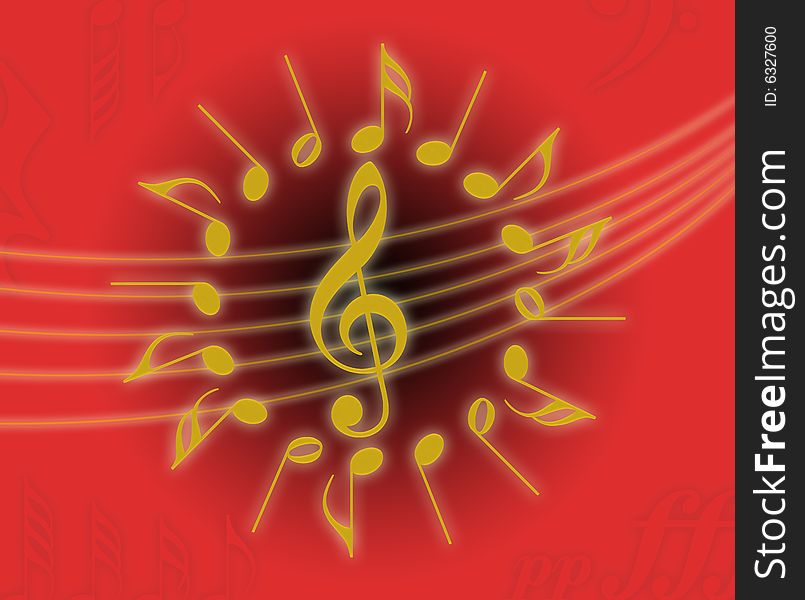 Black and red background with treble clef and a corolla of notes. Black and red background with treble clef and a corolla of notes