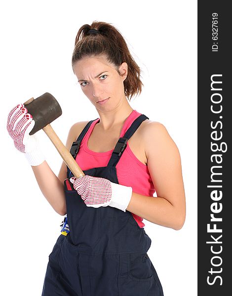 Woman with black rubber mallet on white background