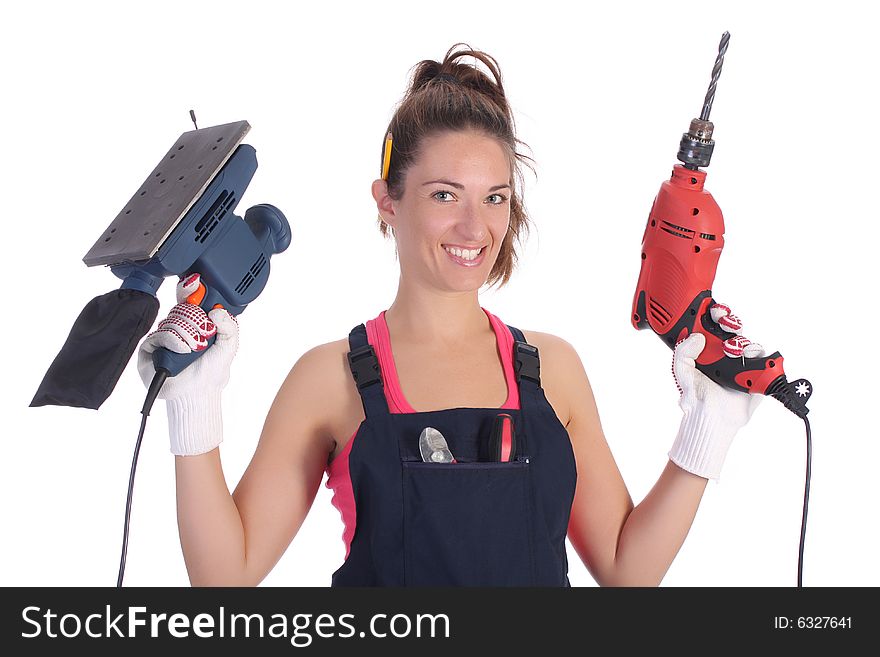 Beauty woman with auger and sander on white background