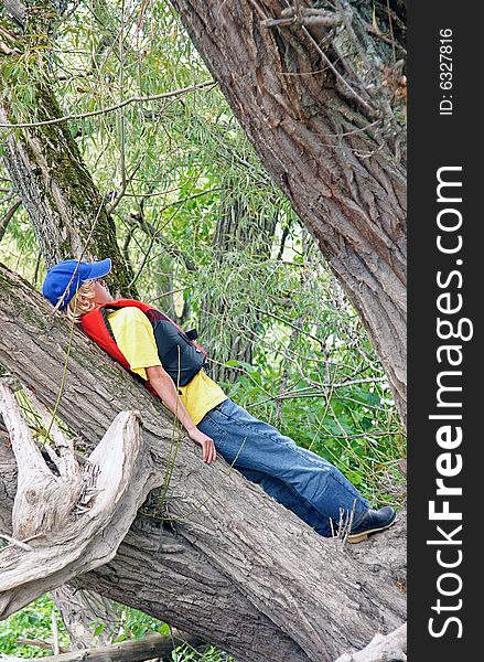 A boy plays in a Willow Tree on the bank of the Nottawasaga River, Ontario. A boy plays in a Willow Tree on the bank of the Nottawasaga River, Ontario.