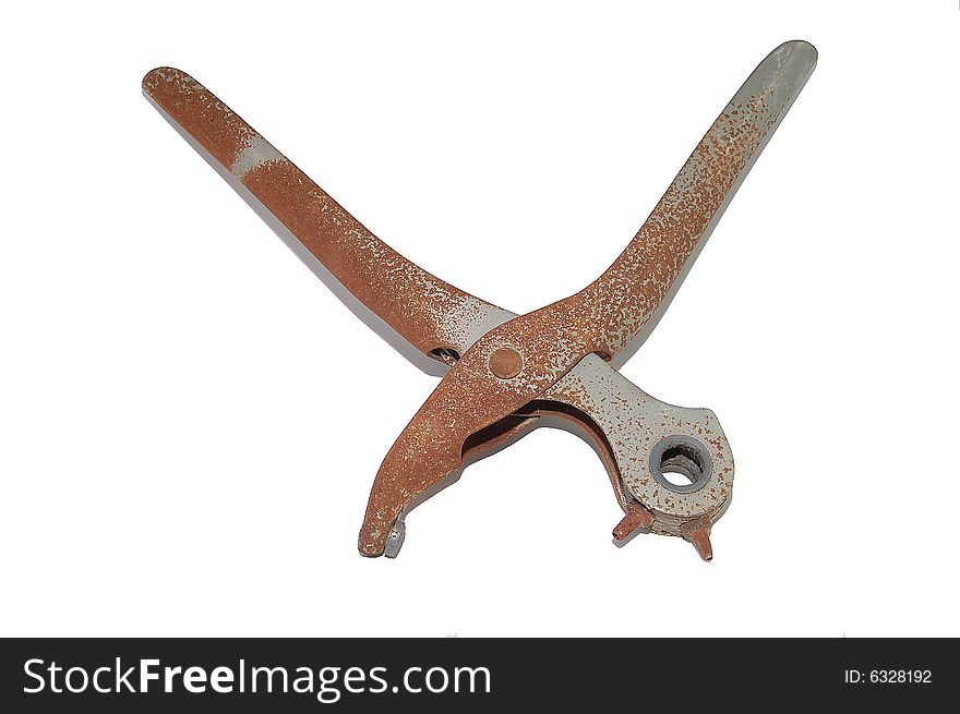 Old rusty leather hole punch isolated on white background. Old rusty leather hole punch isolated on white background