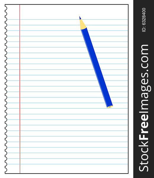 Vector of a blank piece of lined paper with a blue pencil lying across it. Vector of a blank piece of lined paper with a blue pencil lying across it