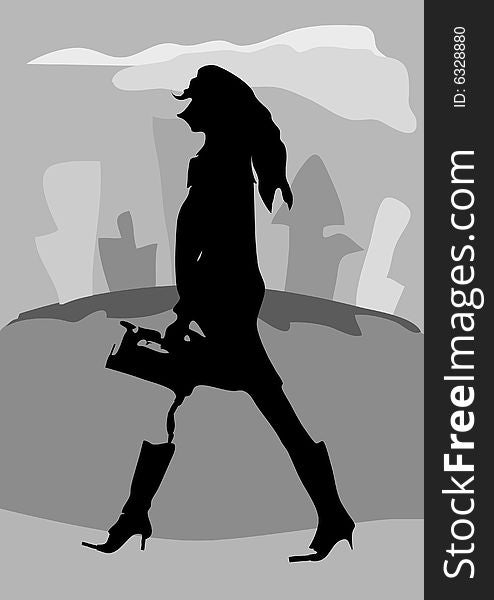 Silhouette of business woman walking on city background. Silhouette of business woman walking on city background