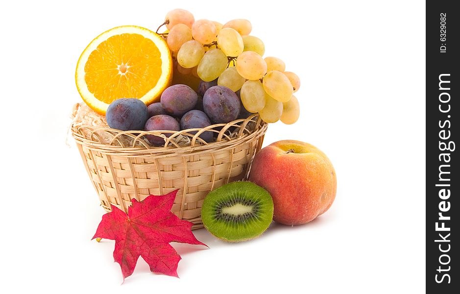 Red maple sheet and ripe fruit in a yellow basket on a white background