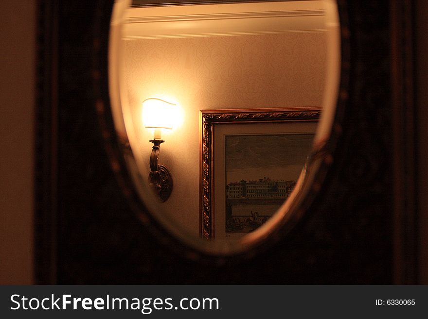 Room at night with light via mirror. Room at night with light via mirror