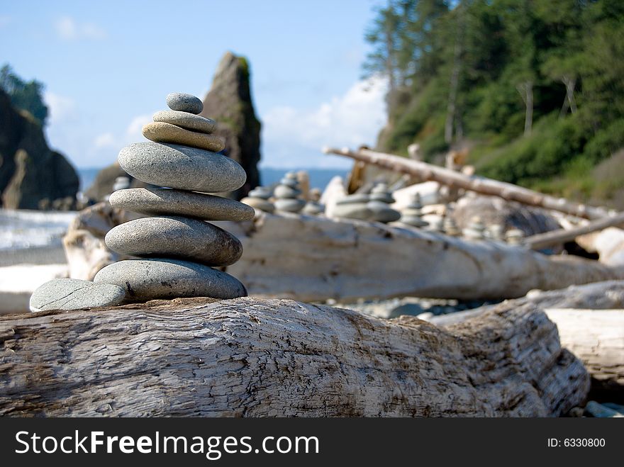 Stacked stones by the beach at Kalaloch in Olympic National Park, Washington