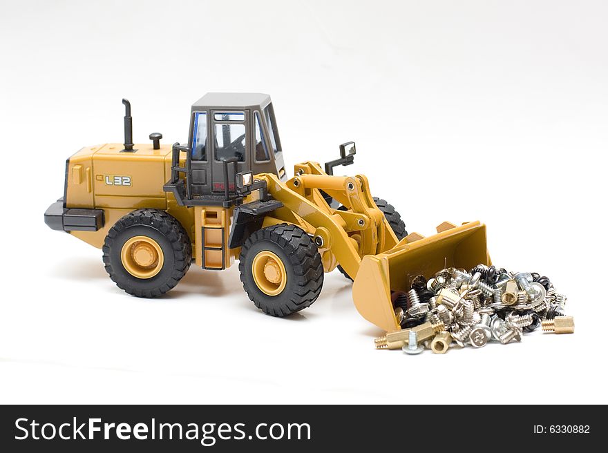 The heavy building bulldozer of yellow color on a white background