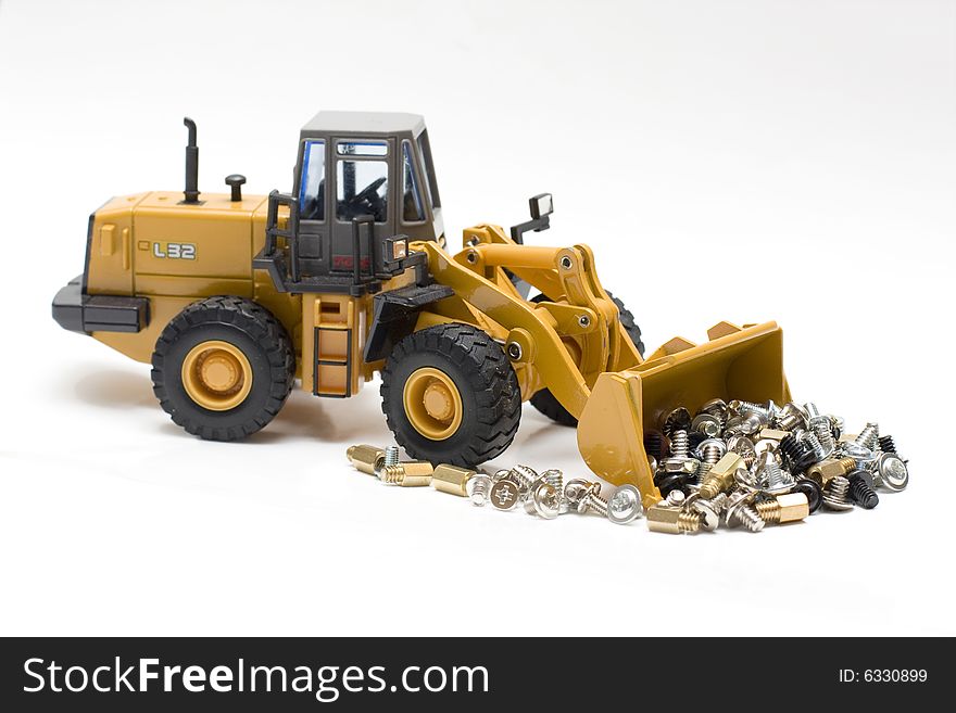 The heavy building bulldozer of yellow color on a white background