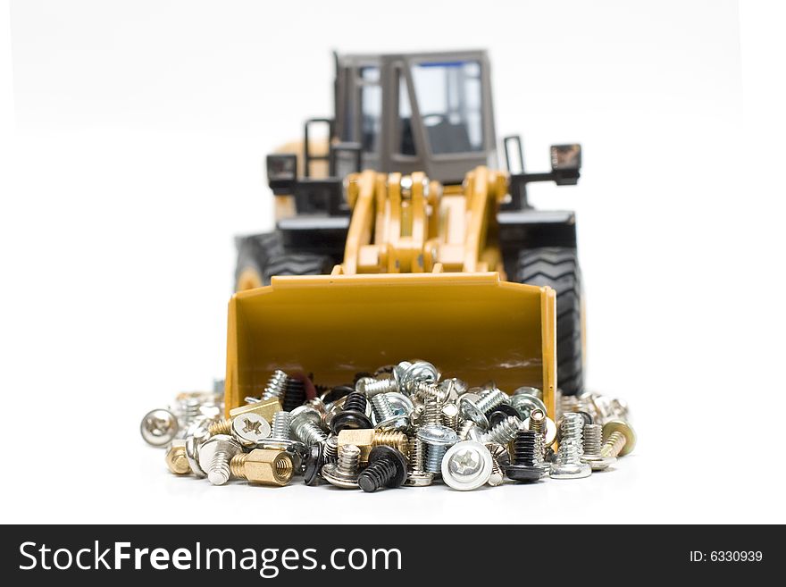 The heavy building bulldozer of yellow color on a white background