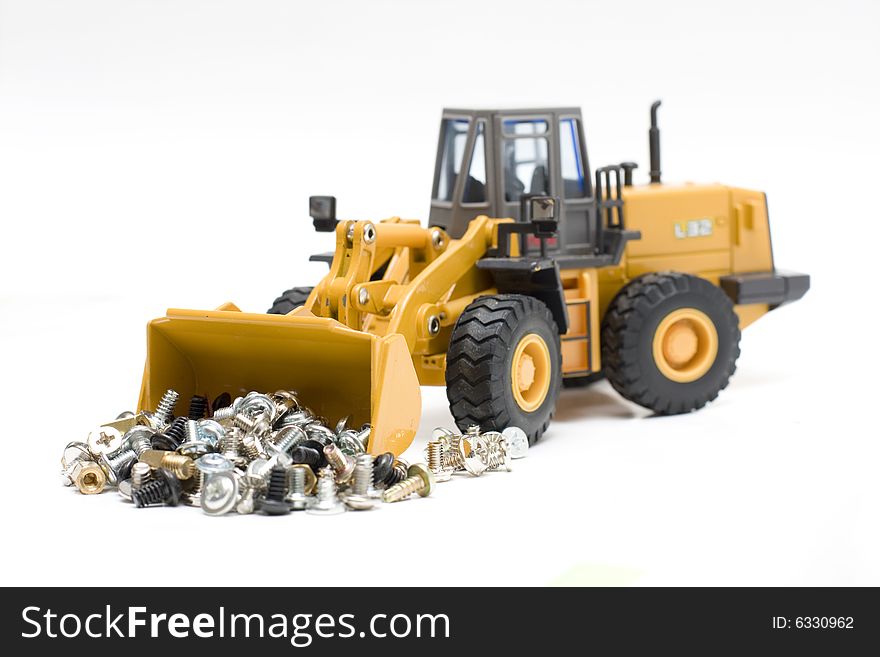 The heavy building bulldozer of yellow color on a white background